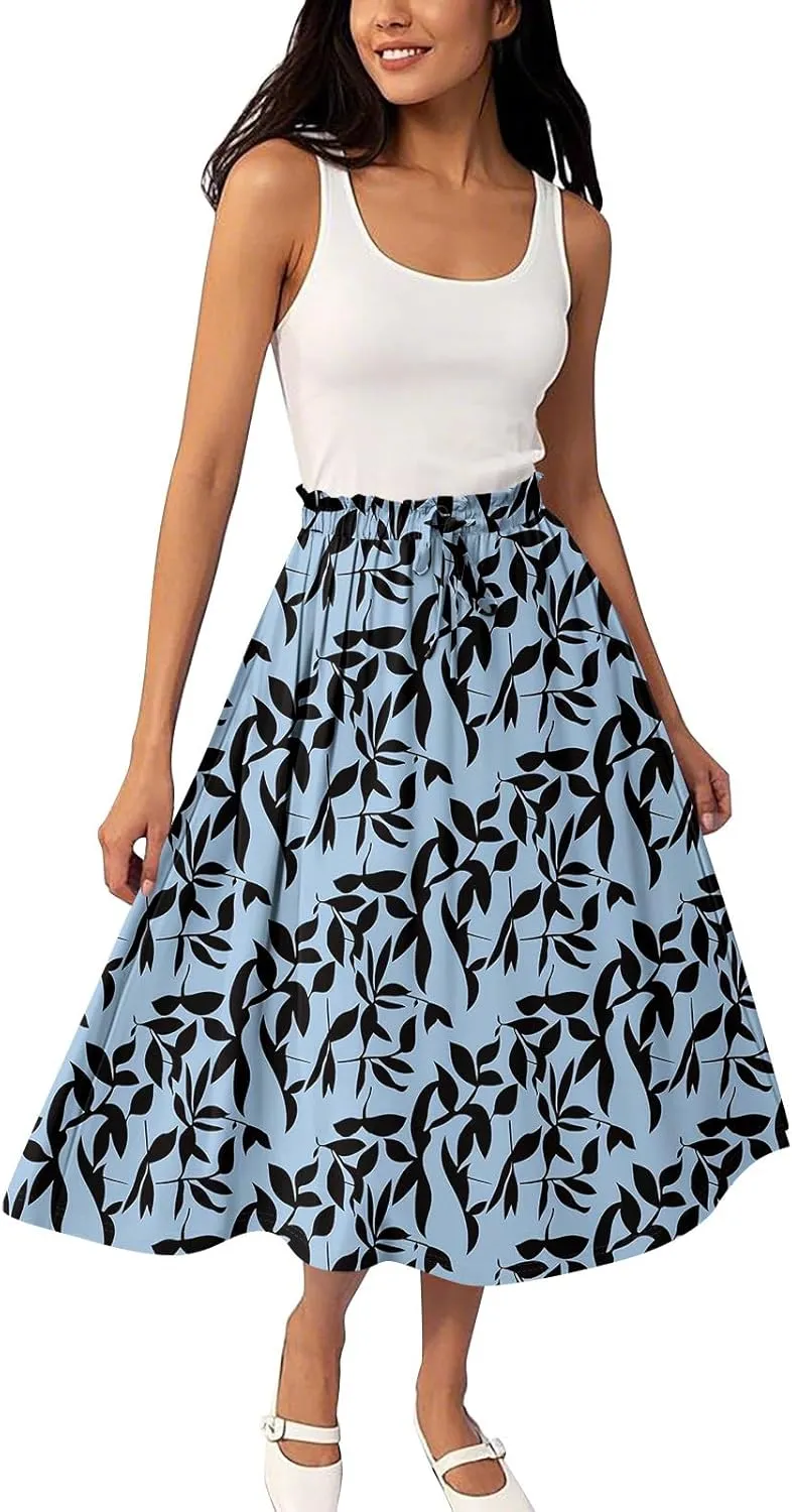 Formal Skirts for Women Summer Drawstring Elastic High Waisted Midi Skirt Boho A Line Pleated Calf Length Skirt