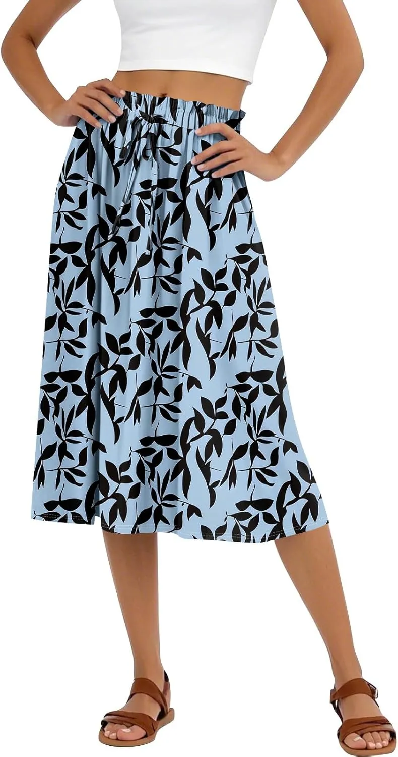 Formal Skirts for Women Summer Drawstring Elastic High Waisted Midi Skirt Boho A Line Pleated Calf Length Skirt