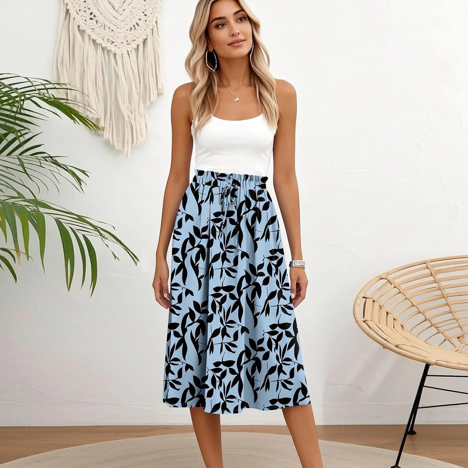 Formal Skirts for Women Summer Drawstring Elastic High Waisted Midi Skirt Boho A Line Pleated Calf Length Skirt