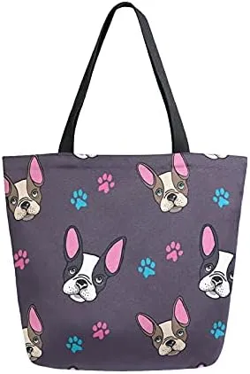 French Bulldog Puppies Large Canvas Tote Bag Heavy Duty Grocery Bag, Dog Paw Print Women Casual Shoulder Bag Pocket Reusable Handbags for Travel Beach School Nursing Gift