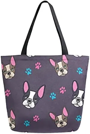 French Bulldog Puppies Large Canvas Tote Bag Heavy Duty Grocery Bag, Dog Paw Print Women Casual Shoulder Bag Pocket Reusable Handbags for Travel Beach School Nursing Gift