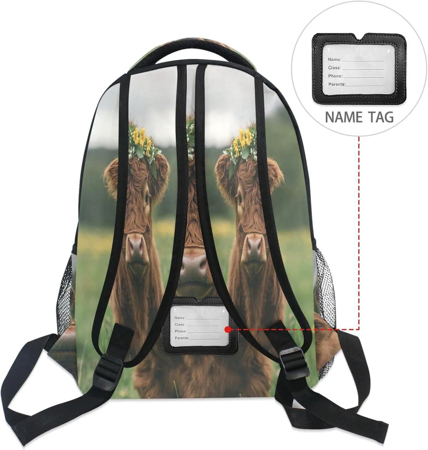 Fun Backpack for Unisex Adult Fashion Outdoor Backpack with Chest Strap for Travel Trip Highland Calf with A Flower Crown in A Grassy Field