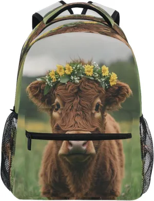 Fun Backpack for Unisex Adult Fashion Outdoor Backpack with Chest Strap for Travel Trip Highland Calf with A Flower Crown in A Grassy Field