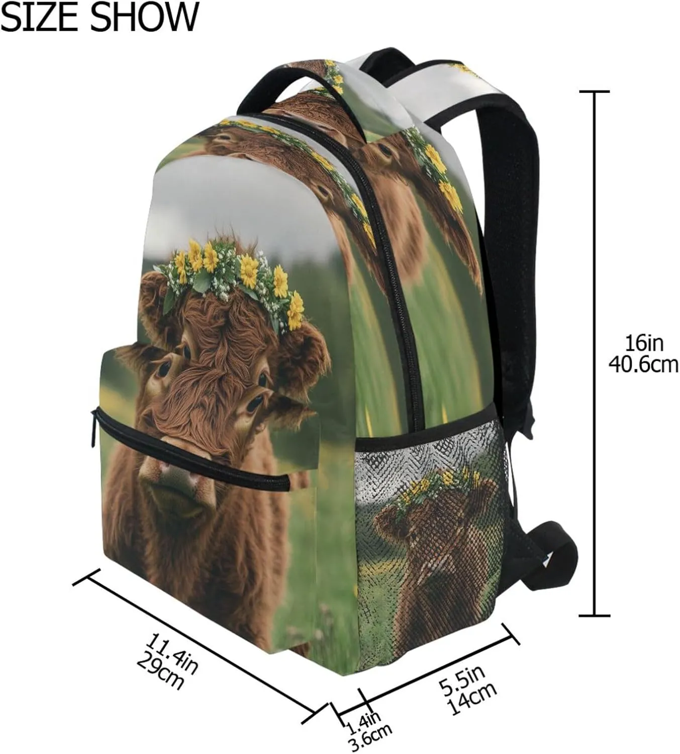 Fun Backpack for Unisex Adult Fashion Outdoor Backpack with Chest Strap for Travel Trip Highland Calf with A Flower Crown in A Grassy Field