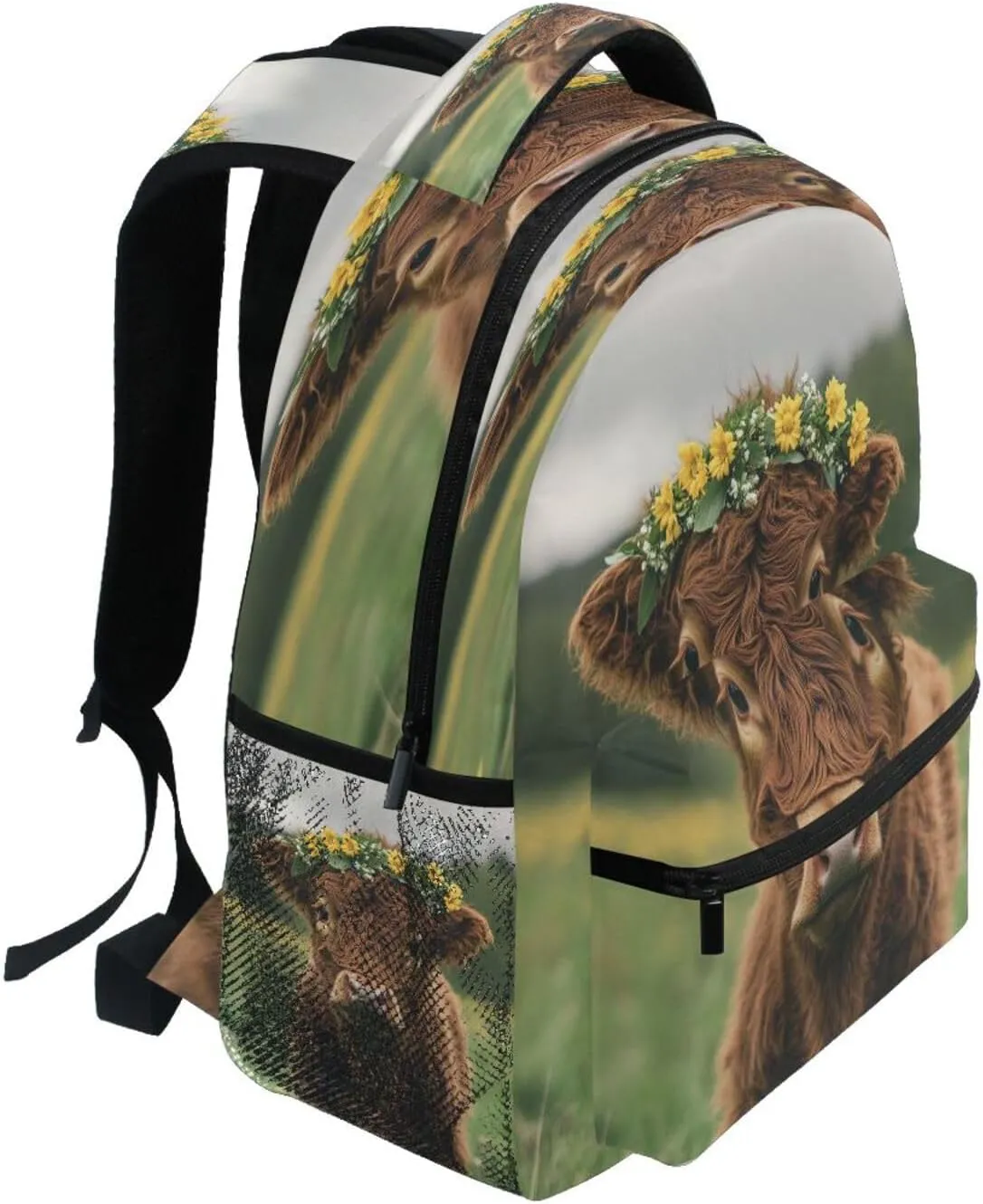 Fun Backpack for Unisex Adult Fashion Outdoor Backpack with Chest Strap for Travel Trip Highland Calf with A Flower Crown in A Grassy Field