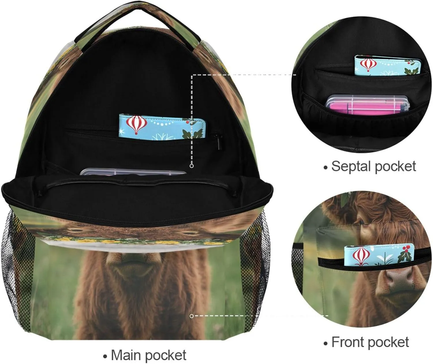 Fun Backpack for Unisex Adult Fashion Outdoor Backpack with Chest Strap for Travel Trip Highland Calf with A Flower Crown in A Grassy Field