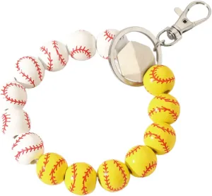 Fuqimanman2020 Softball Baseball Soccer Basketball Charm Wristlet Keychain Wooden Bead Sports Keychain