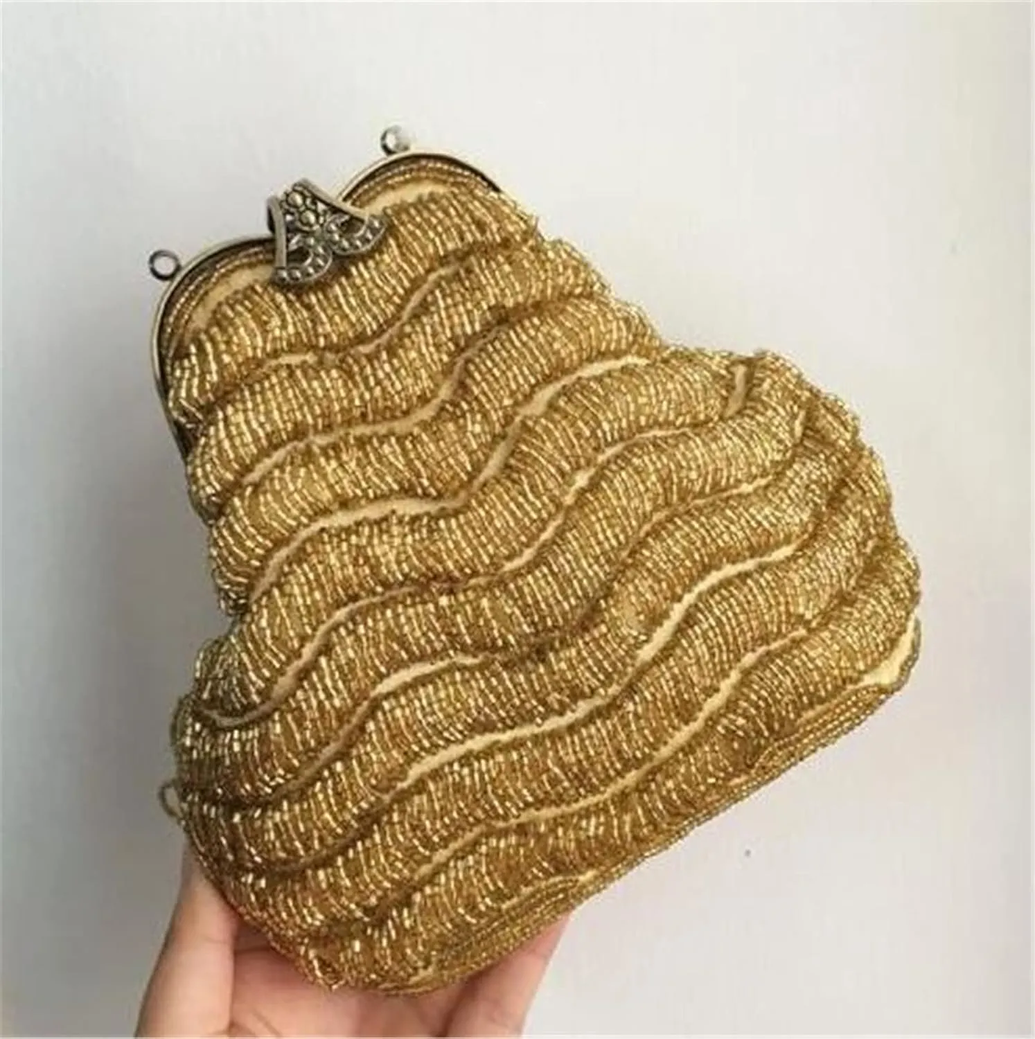 FURINFASHION GR-107 Women's Shiny Luxury Jewelry Beaded Clutch Purse Bead Handbag Bags Wedding Party Dinner With Long Chain (One Size, Brown)