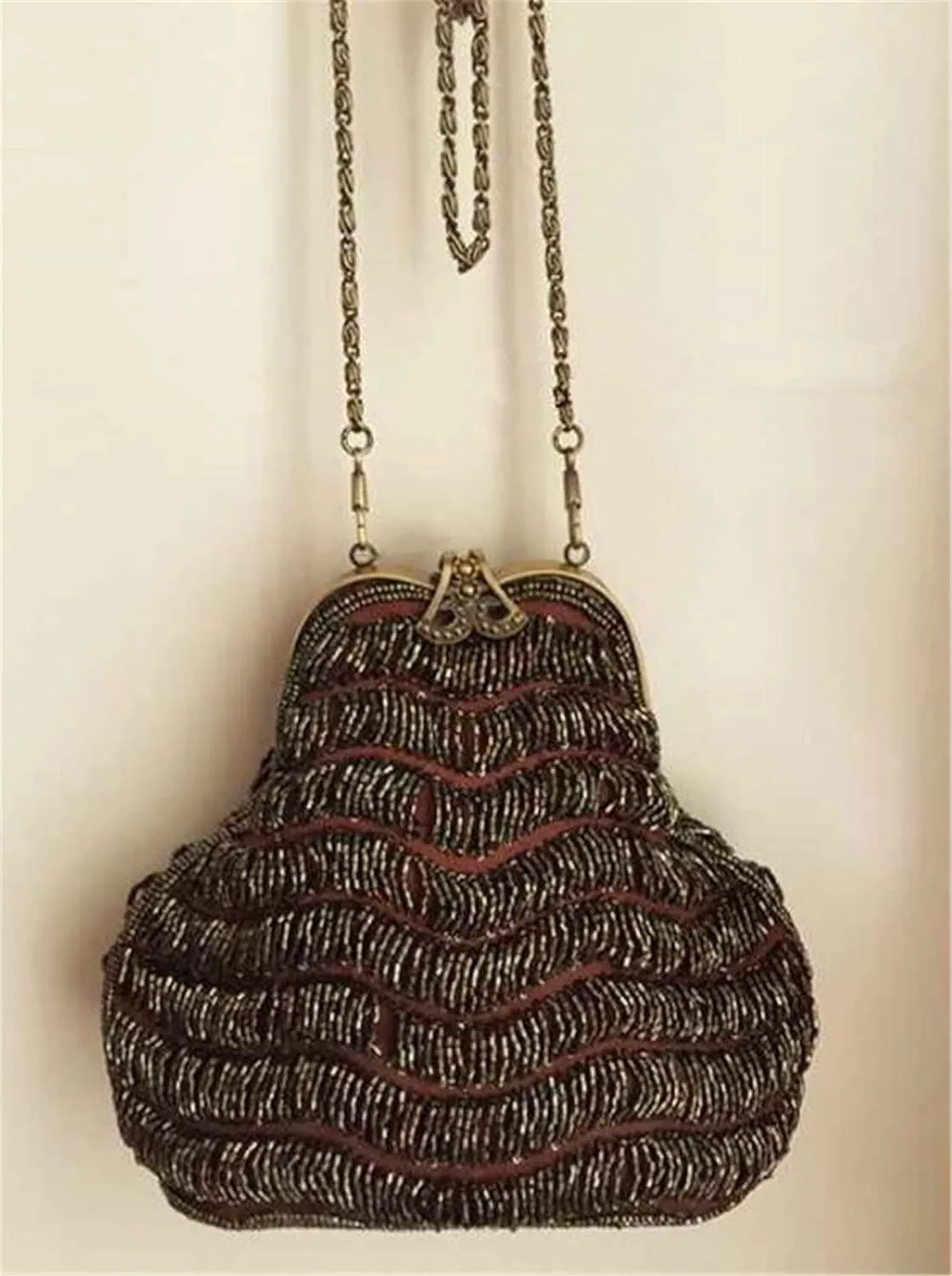 FURINFASHION GR-107 Women's Shiny Luxury Jewelry Beaded Clutch Purse Bead Handbag Bags Wedding Party Dinner With Long Chain (One Size, Brown)
