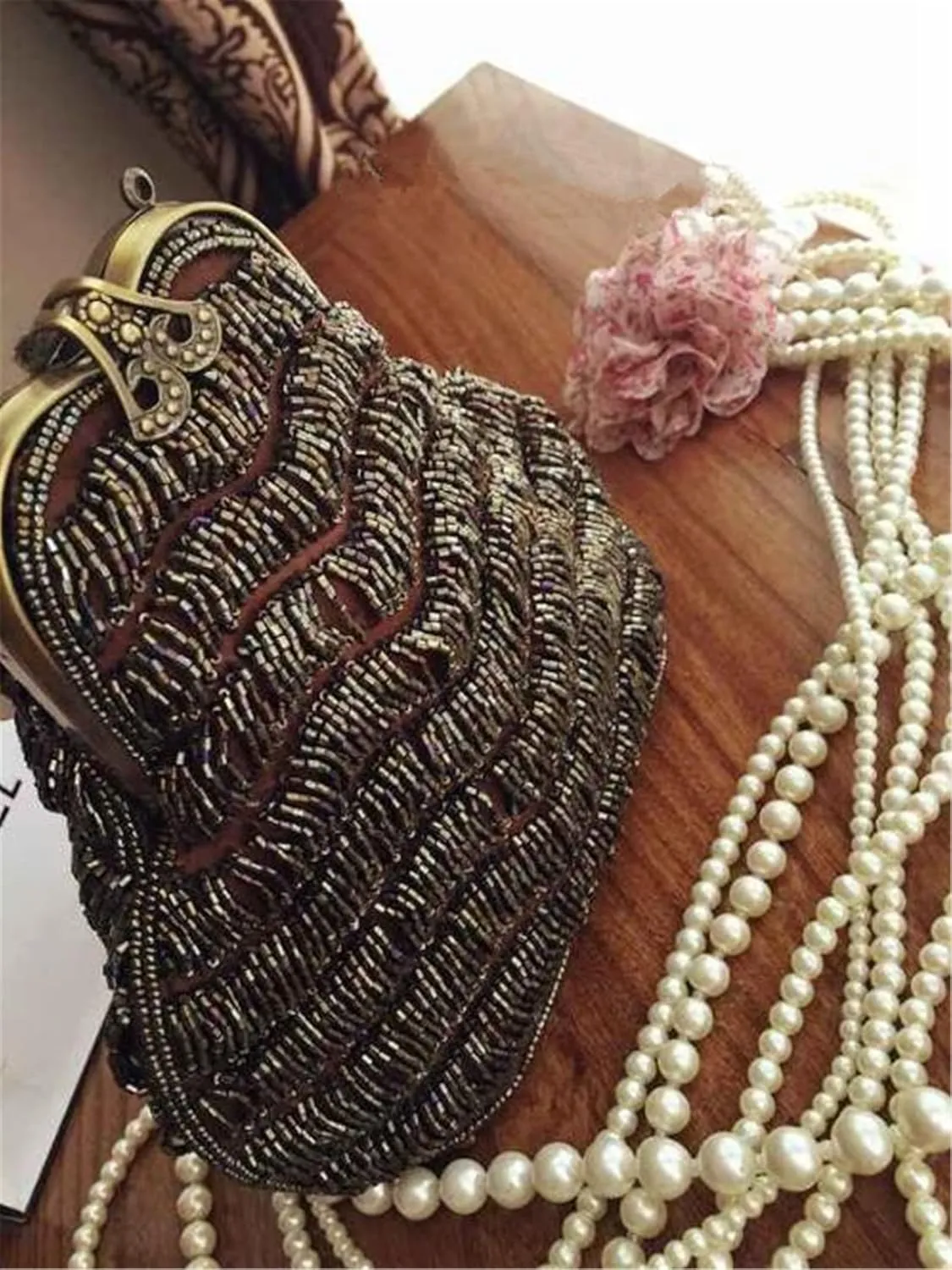FURINFASHION GR-107 Women's Shiny Luxury Jewelry Beaded Clutch Purse Bead Handbag Bags Wedding Party Dinner With Long Chain (One Size, Brown)