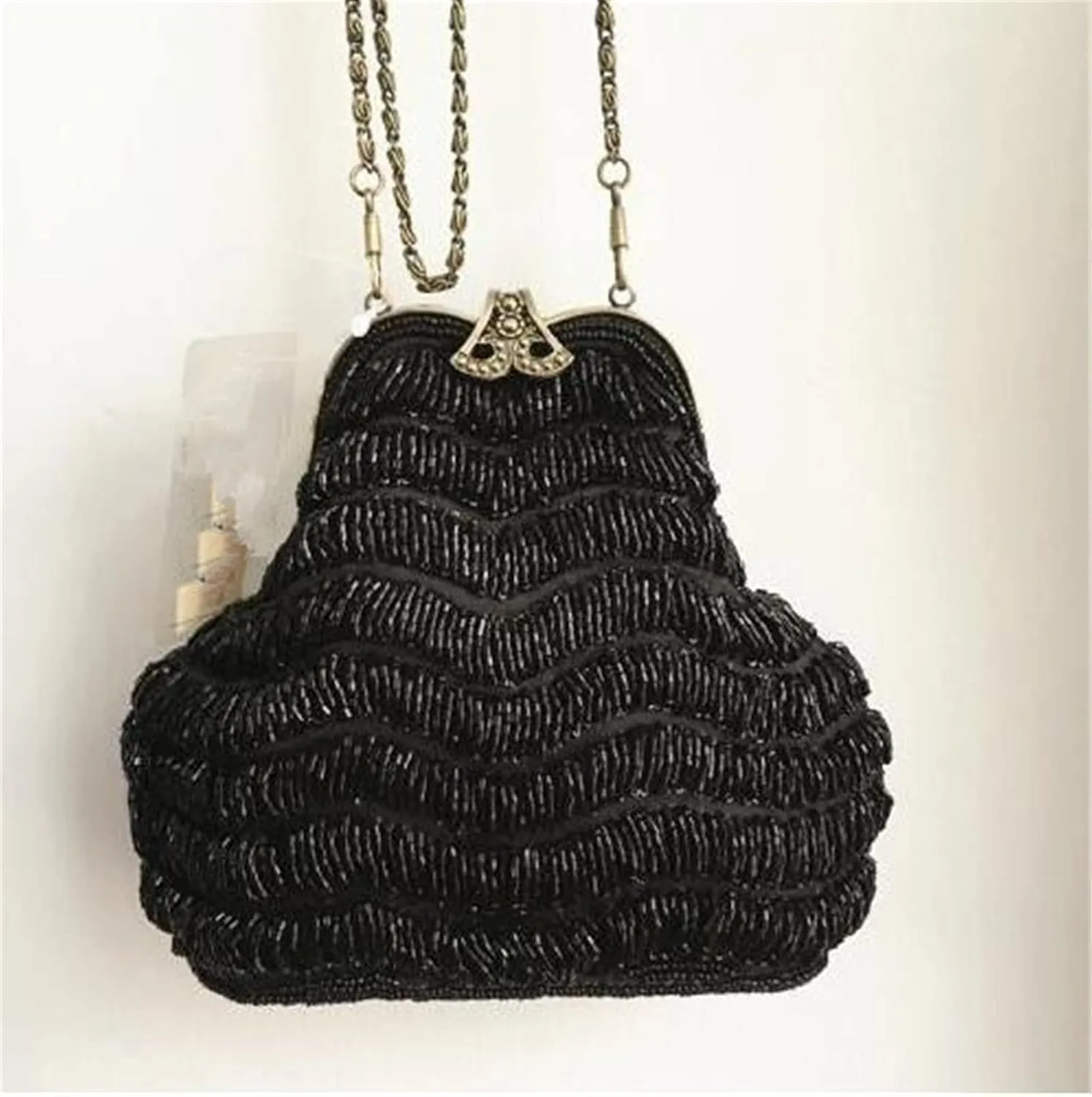 FURINFASHION GR-107 Women's Shiny Luxury Jewelry Beaded Clutch Purse Bead Handbag Bags Wedding Party Dinner With Long Chain (One Size, Brown)