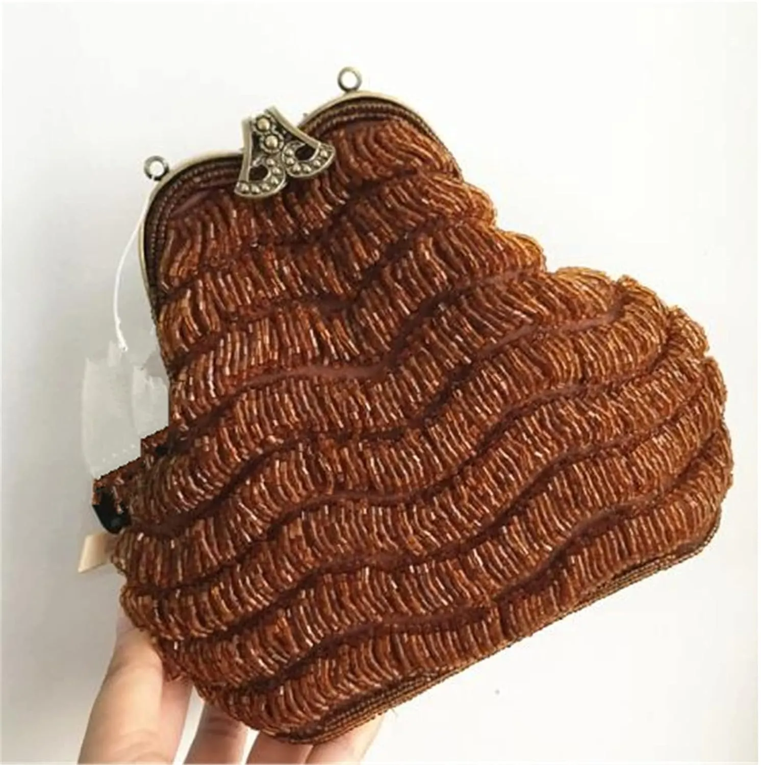 FURINFASHION GR-107 Women's Shiny Luxury Jewelry Beaded Clutch Purse Bead Handbag Bags Wedding Party Dinner With Long Chain (One Size, Brown)