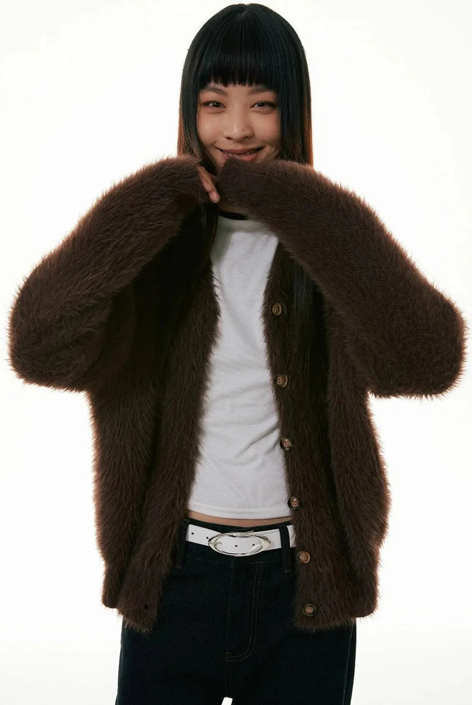 Fuzzy Button-Up Cropped Cardigan