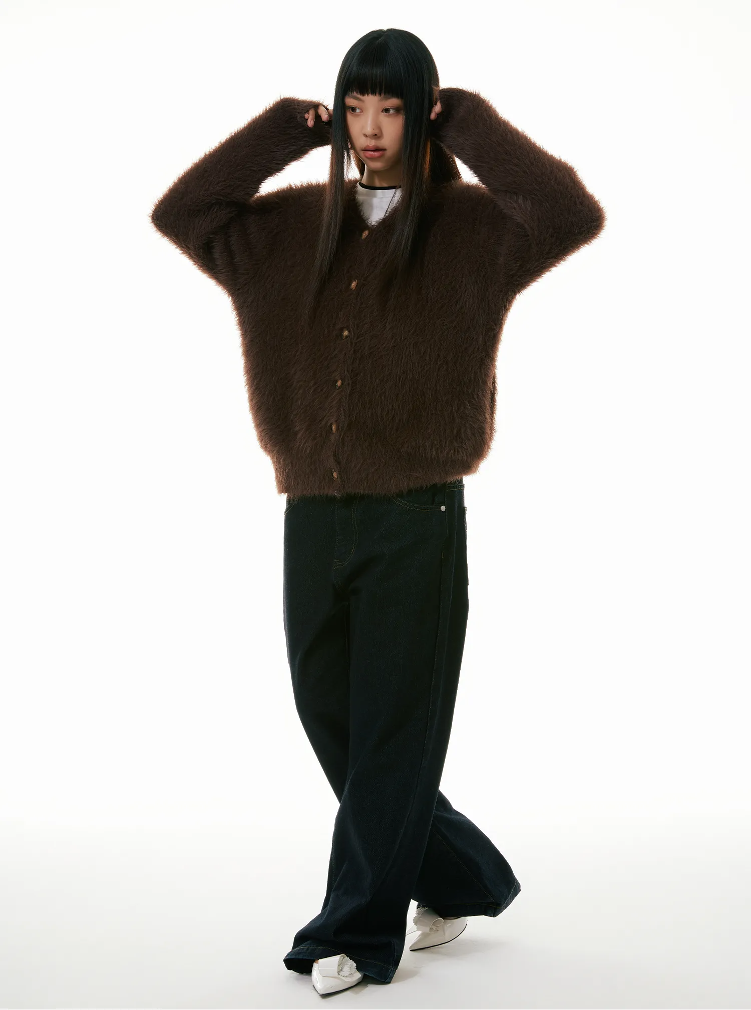 Fuzzy Button-Up Cropped Cardigan