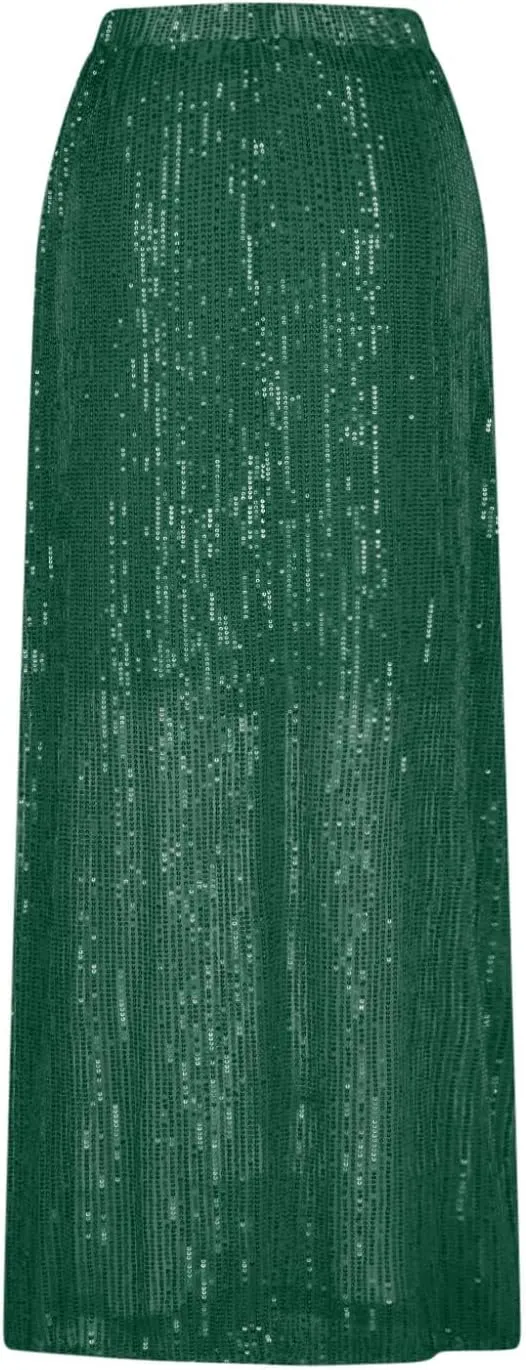 FZYLQY Women's Sparkly Sequin Long Skirt Trendy High Elastic Waist Bodycon Glitter Cocktail Party Club A Line Midi Skirts