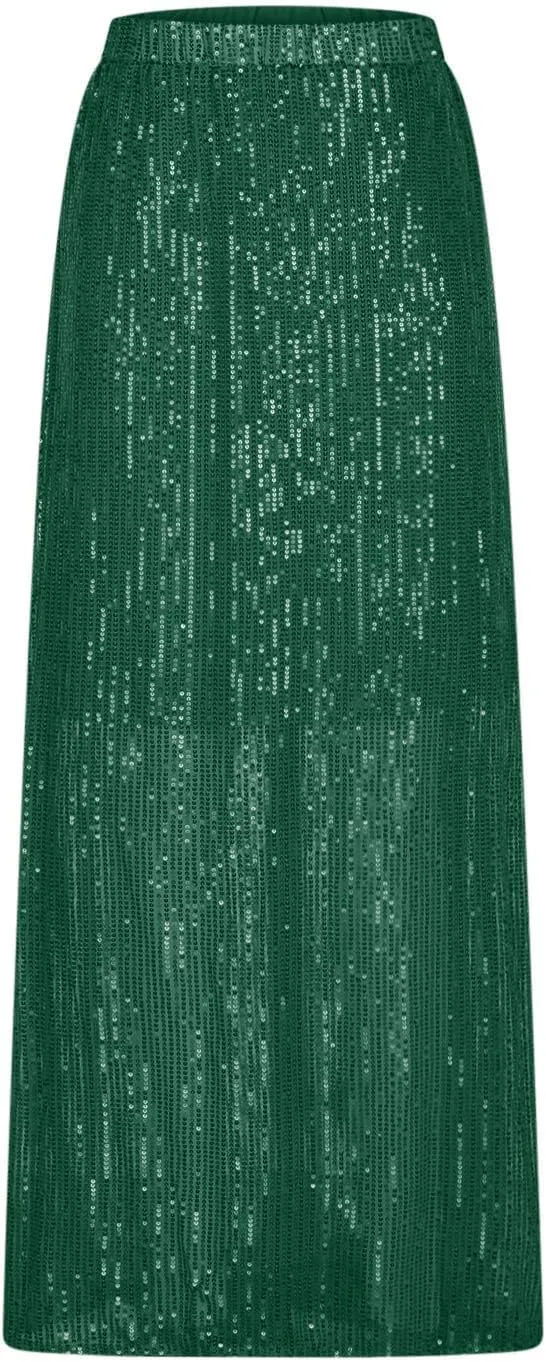 FZYLQY Women's Sparkly Sequin Long Skirt Trendy High Elastic Waist Bodycon Glitter Cocktail Party Club A Line Midi Skirts
