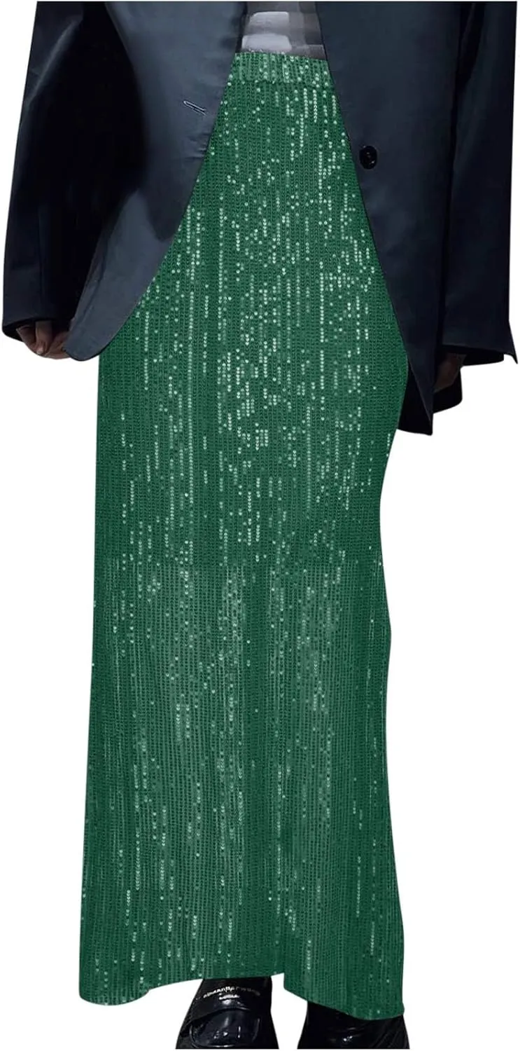 FZYLQY Women's Sparkly Sequin Long Skirt Trendy High Elastic Waist Bodycon Glitter Cocktail Party Club A Line Midi Skirts