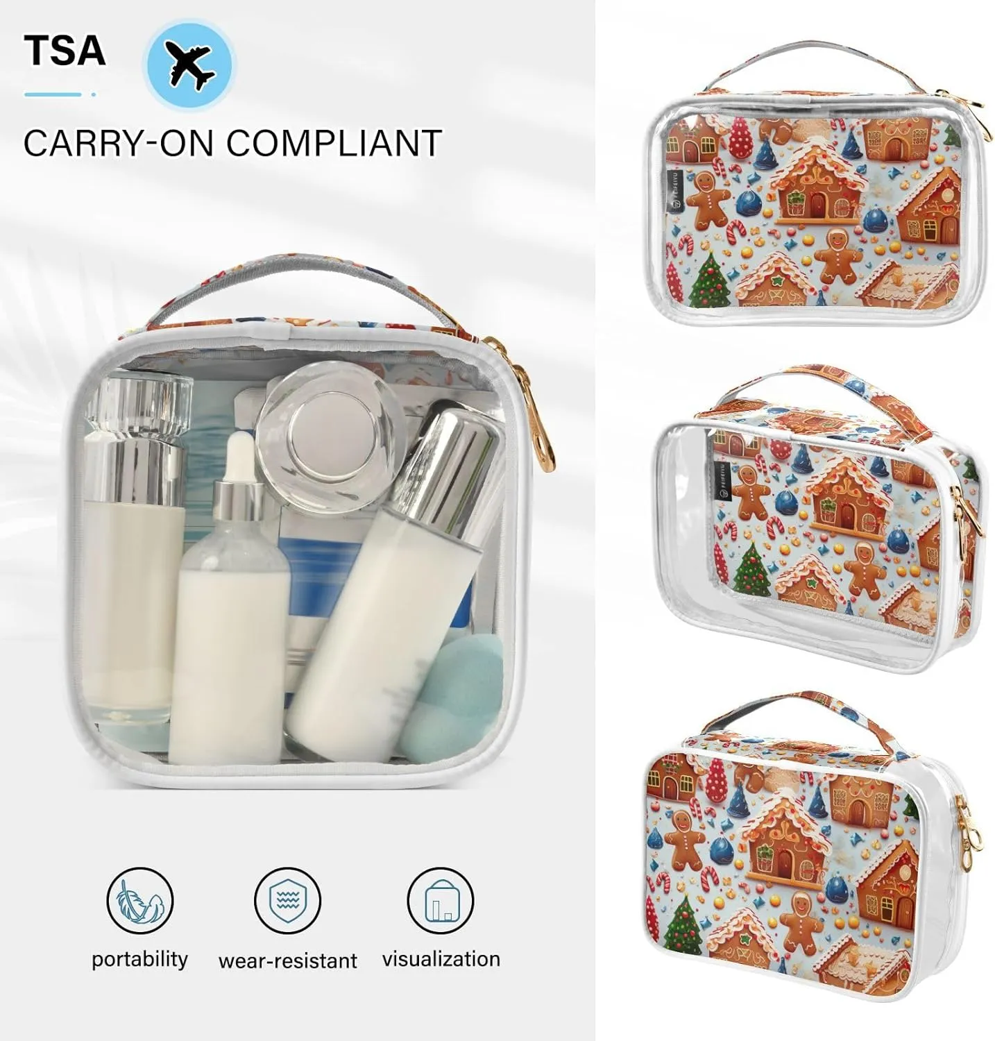 GAIGEO Gingerbread House Clear Cosmetic Bag Set, Makeup Bag Plastic, Travel Gifts for Women, 2 Pack