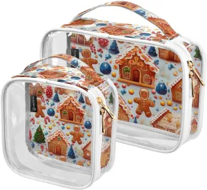 GAIGEO Gingerbread House Clear Cosmetic Bag Set, Makeup Bag Plastic, Travel Gifts for Women, 2 Pack