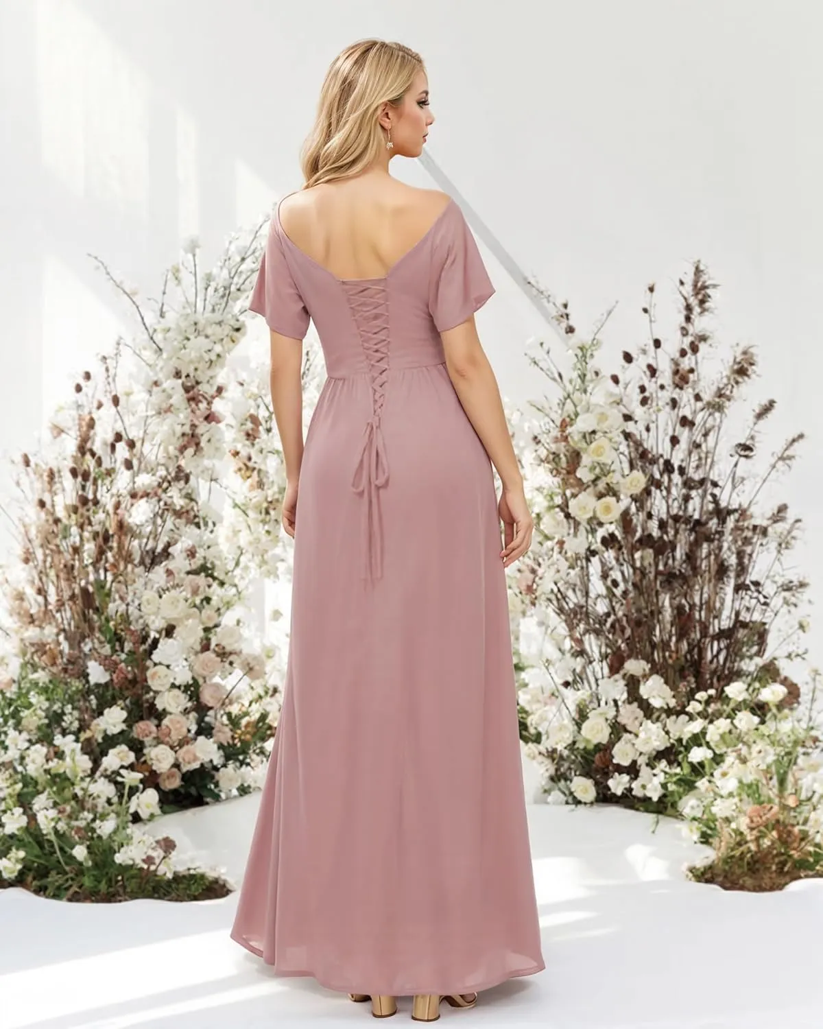 GDJDIFK Off Shoulder Bridesmaid Dresses - V Neck Chiffon Wedding Guest Dress with Slit Pleated Ball Gown