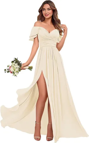 GDJDIFK Off Shoulder Bridesmaid Dresses - V Neck Chiffon Wedding Guest Dress with Slit Pleated Ball Gown