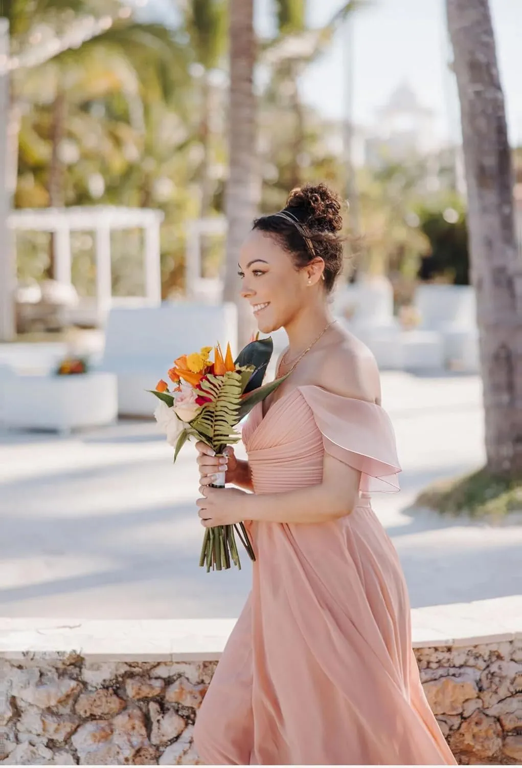 GDJDIFK Off Shoulder Bridesmaid Dresses - V Neck Chiffon Wedding Guest Dress with Slit Pleated Ball Gown