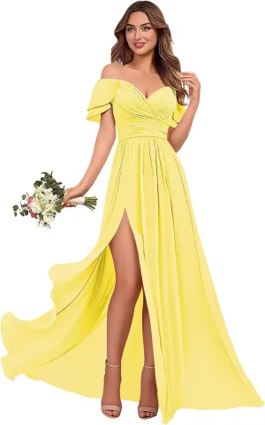 GDJDIFK Off Shoulder Bridesmaid Dresses - V Neck Chiffon Wedding Guest Dress with Slit Pleated Ball Gown