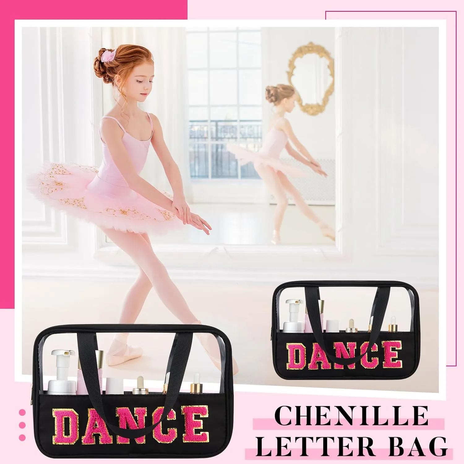 Geetery Chenille Letter Bag, Preppy PVC Nylon Makeup Portable Cases Preppy Patch with Zipper Cosmetic Clear Travel Toiletry Storage Bag for Women(Black,Novel Dance)