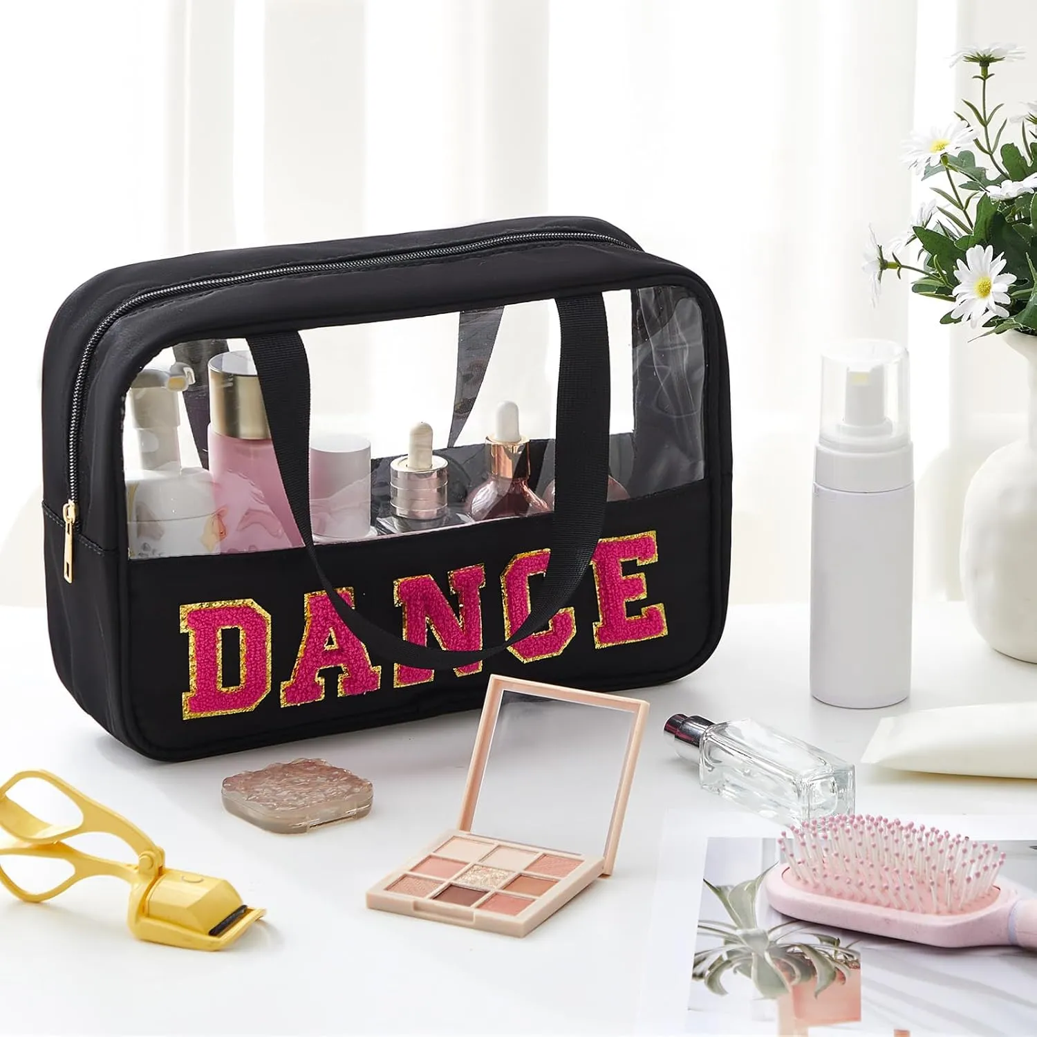 Geetery Chenille Letter Bag, Preppy PVC Nylon Makeup Portable Cases Preppy Patch with Zipper Cosmetic Clear Travel Toiletry Storage Bag for Women(Black,Novel Dance)