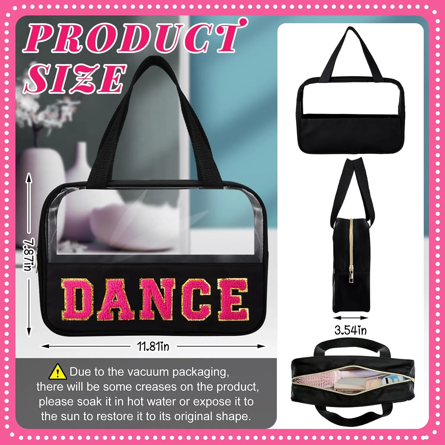 Geetery Chenille Letter Bag, Preppy PVC Nylon Makeup Portable Cases Preppy Patch with Zipper Cosmetic Clear Travel Toiletry Storage Bag for Women(Black,Novel Dance)