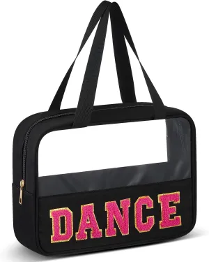 Geetery Chenille Letter Bag, Preppy PVC Nylon Makeup Portable Cases Preppy Patch with Zipper Cosmetic Clear Travel Toiletry Storage Bag for Women(Black,Novel Dance)