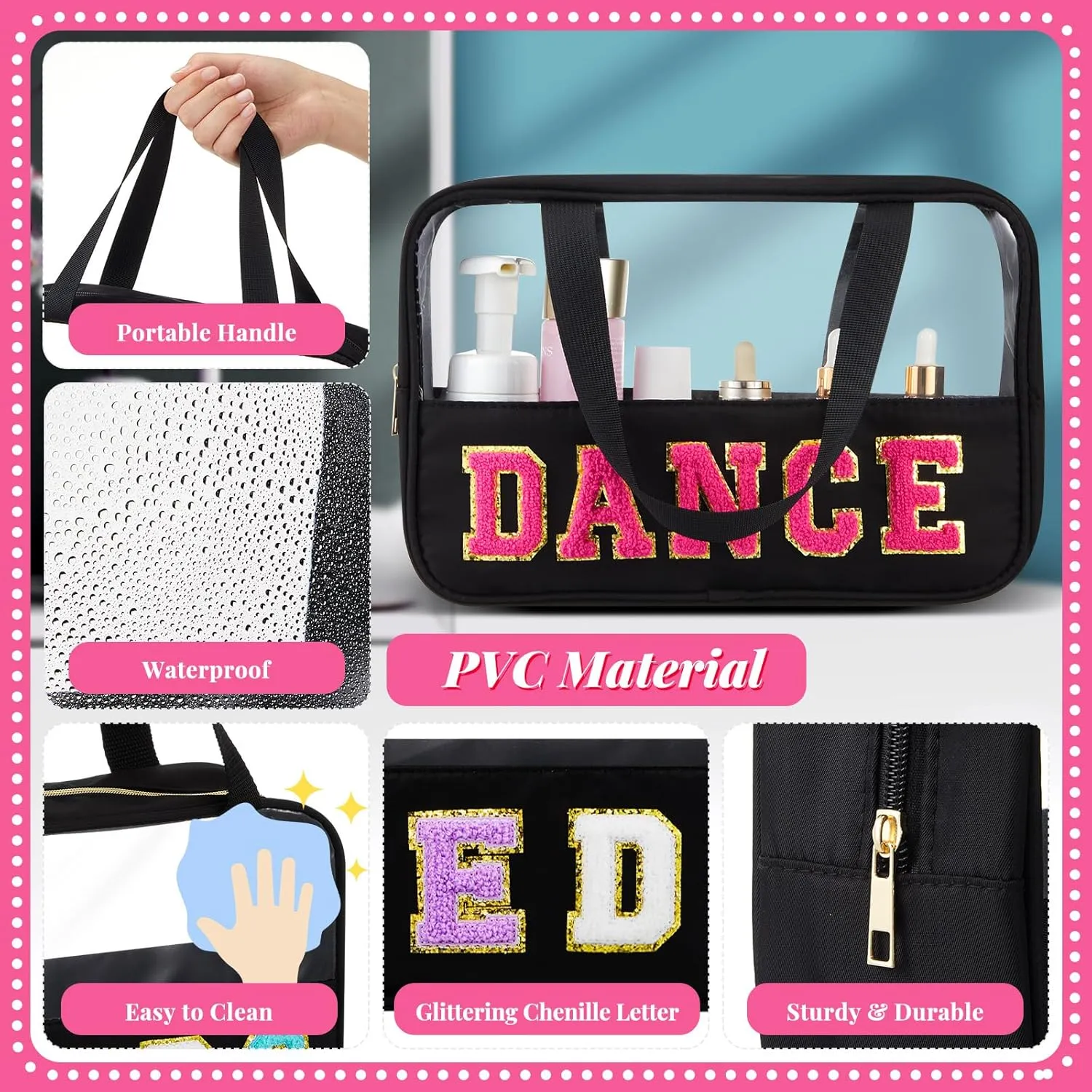 Geetery Chenille Letter Bag, Preppy PVC Nylon Makeup Portable Cases Preppy Patch with Zipper Cosmetic Clear Travel Toiletry Storage Bag for Women(Black,Novel Dance)