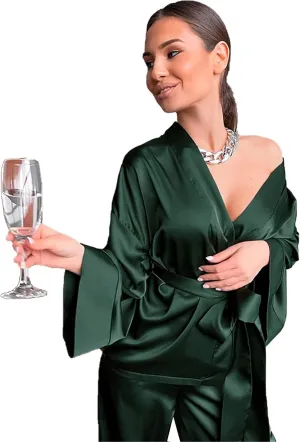 GHYUBYER Sleepwear Sets Woman Silk Satin Silky Sleepwear Long Sleeve Shirt with Long Pajama Pant Set Soft Loungewear (Color : Green, Size : Large)