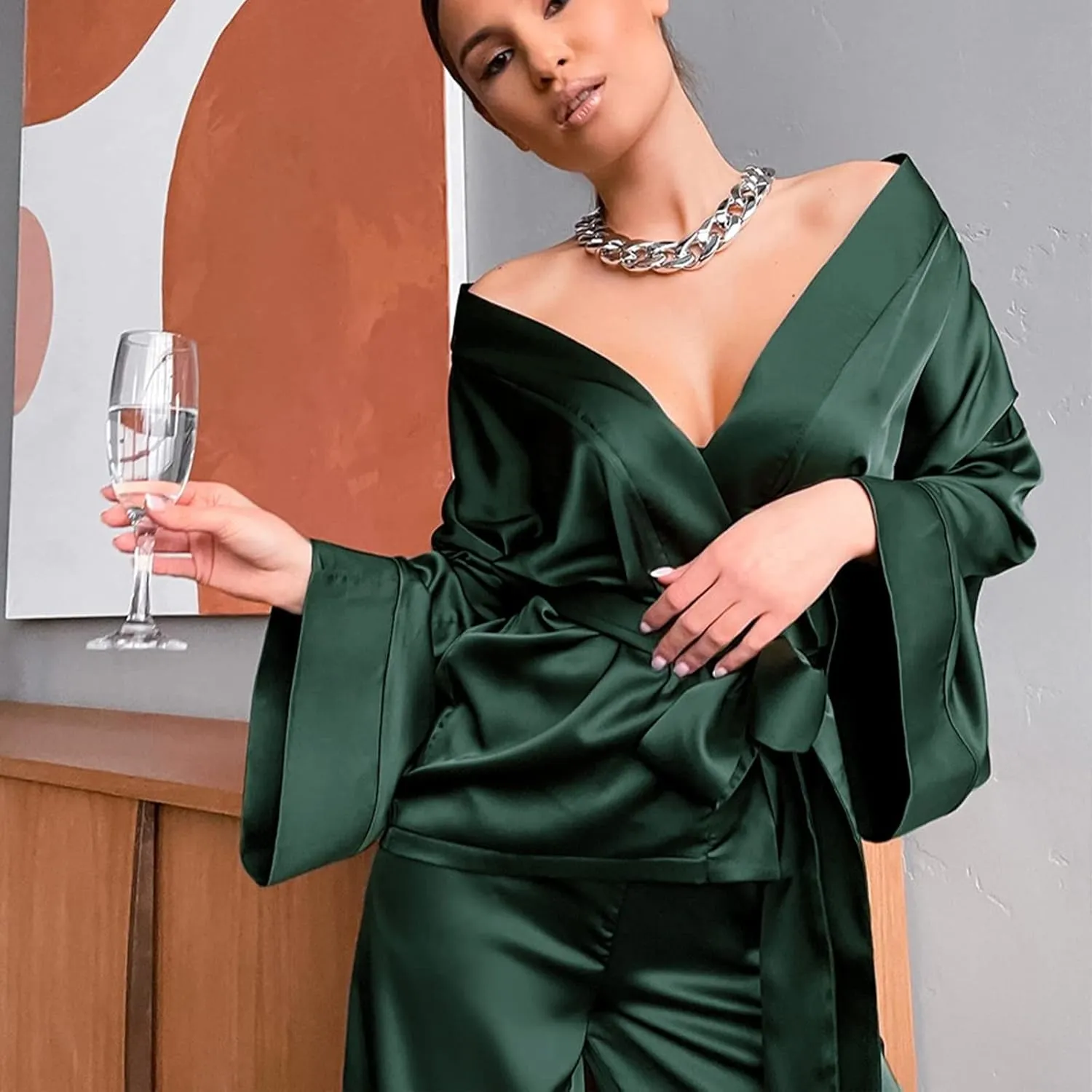 GHYUBYER Sleepwear Sets Woman Silk Satin Silky Sleepwear Long Sleeve Shirt with Long Pajama Pant Set Soft Loungewear (Color : Green, Size : Large)
