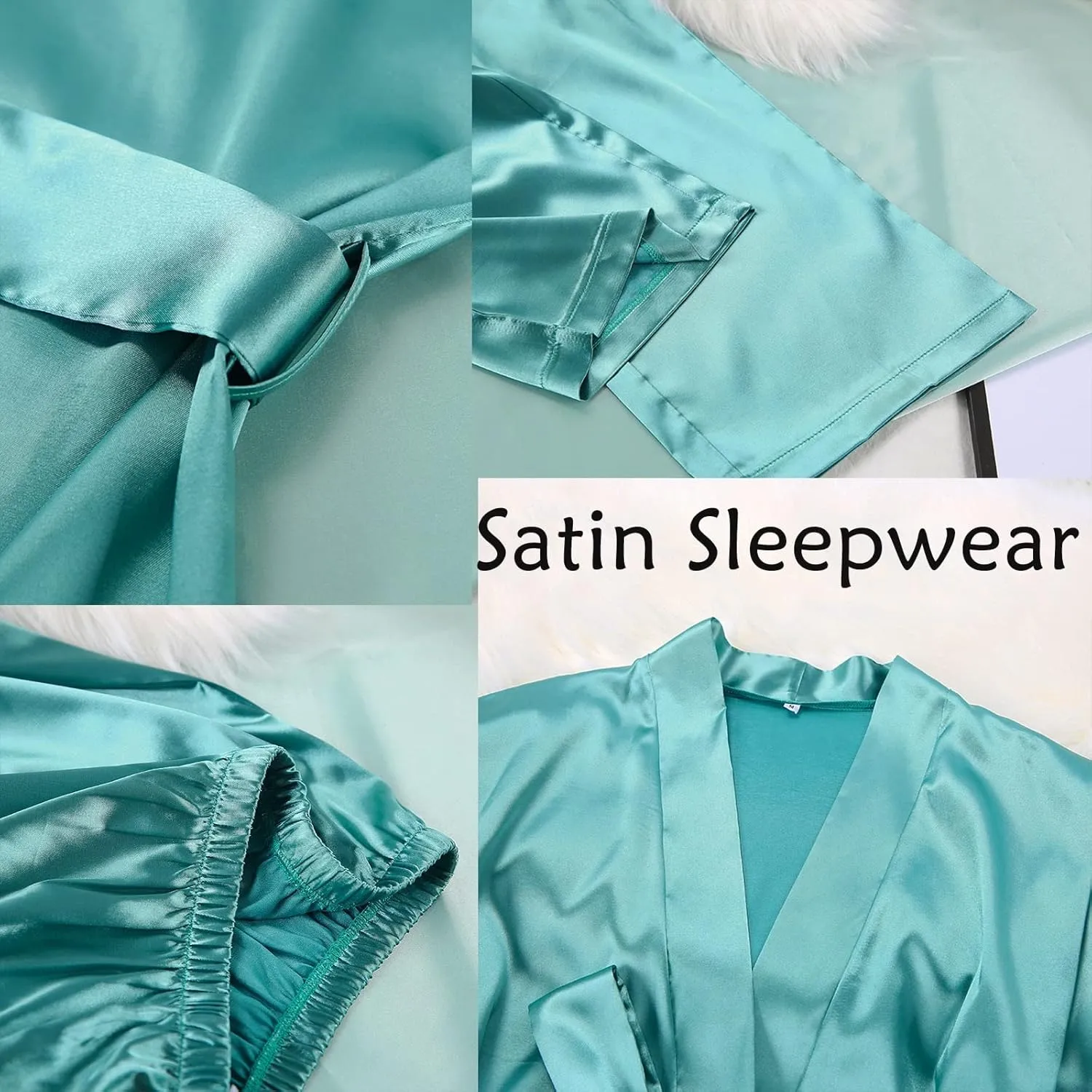 GHYUBYER Sleepwear Sets Woman Silk Satin Silky Sleepwear Long Sleeve Shirt with Long Pajama Pant Set Soft Loungewear (Color : Green, Size : Large)