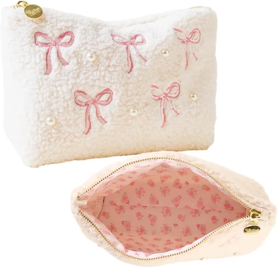Gifts for Women, Girls Makeup Bag Travel Tote, Pink Bow Bag with Pearls, Soft Sherpa Cosmetic Bag for Organizing and Stuff Jewelry and Accessories Cosmetic Case