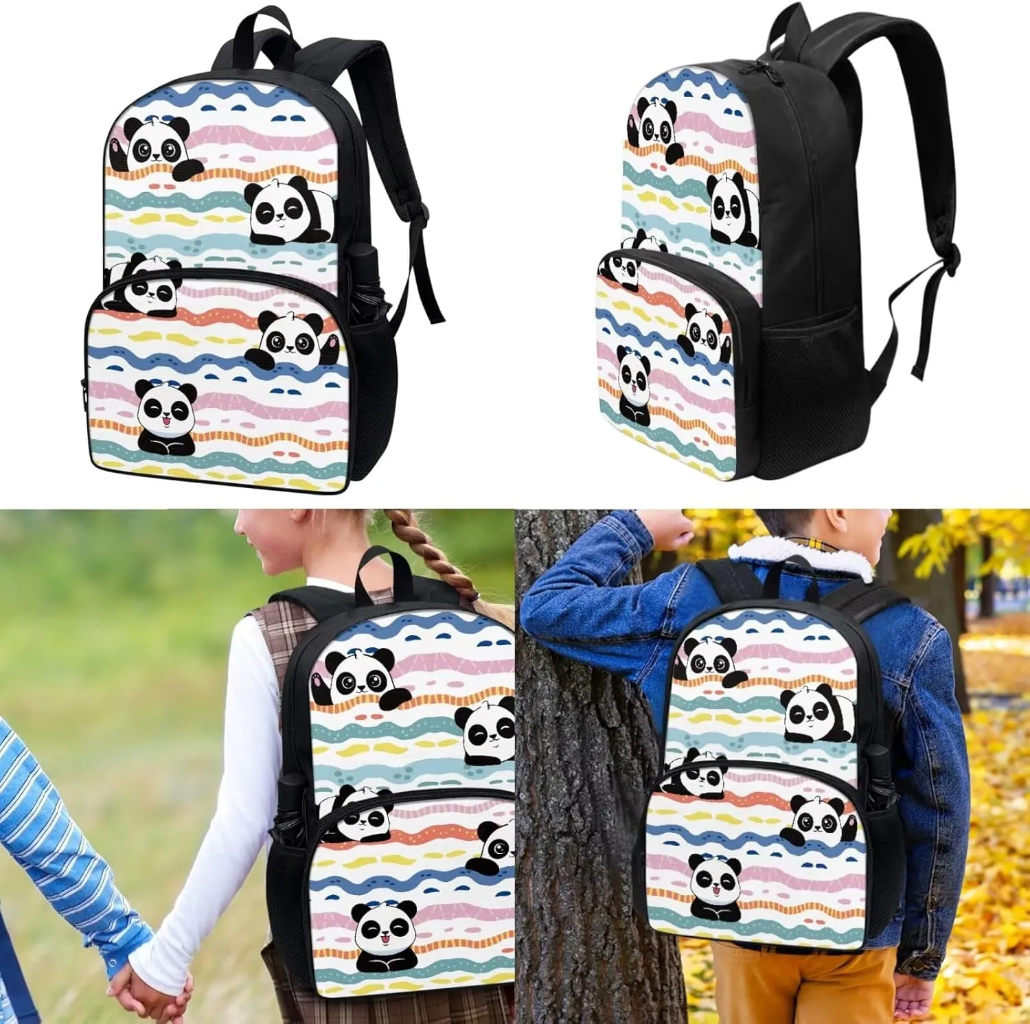 Girls Panda Backpack Lunchbox Set 3 Pcs Backpack Set Cute Kawaii Pencil Pouch for Kids Mochilas Para Nias Large Capacity Pencil Case Aesthetic Large Bookbag Zipper Lunch Box