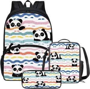 Girls Panda Backpack Lunchbox Set 3 Pcs Backpack Set Cute Kawaii Pencil Pouch for Kids Mochilas Para Nias Large Capacity Pencil Case Aesthetic Large Bookbag Zipper Lunch Box