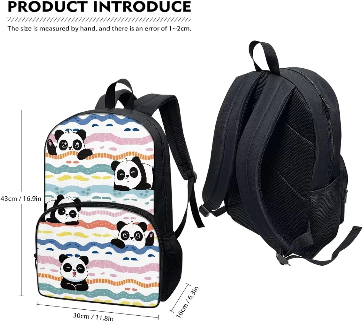 Girls Panda Backpack Lunchbox Set 3 Pcs Backpack Set Cute Kawaii Pencil Pouch for Kids Mochilas Para Nias Large Capacity Pencil Case Aesthetic Large Bookbag Zipper Lunch Box