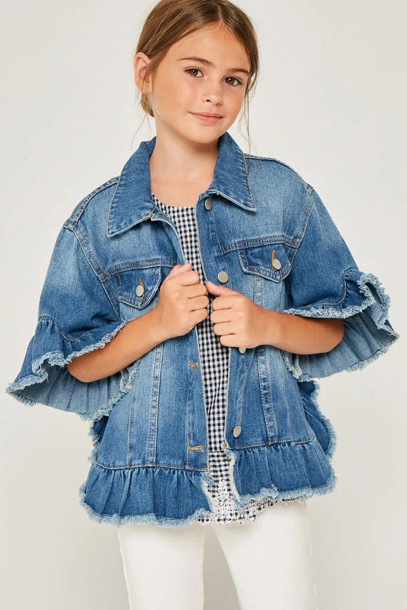 Girls Ruffle Stone Wash Denim Jacket