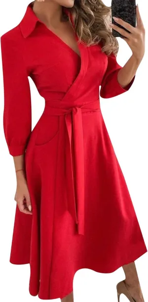 GORIFE Women's Casual Wrap V Neck Long Dress 3/4 Sleeve Floral Print Dress Lapel Flare Fit A-line Tie Belt Dresses