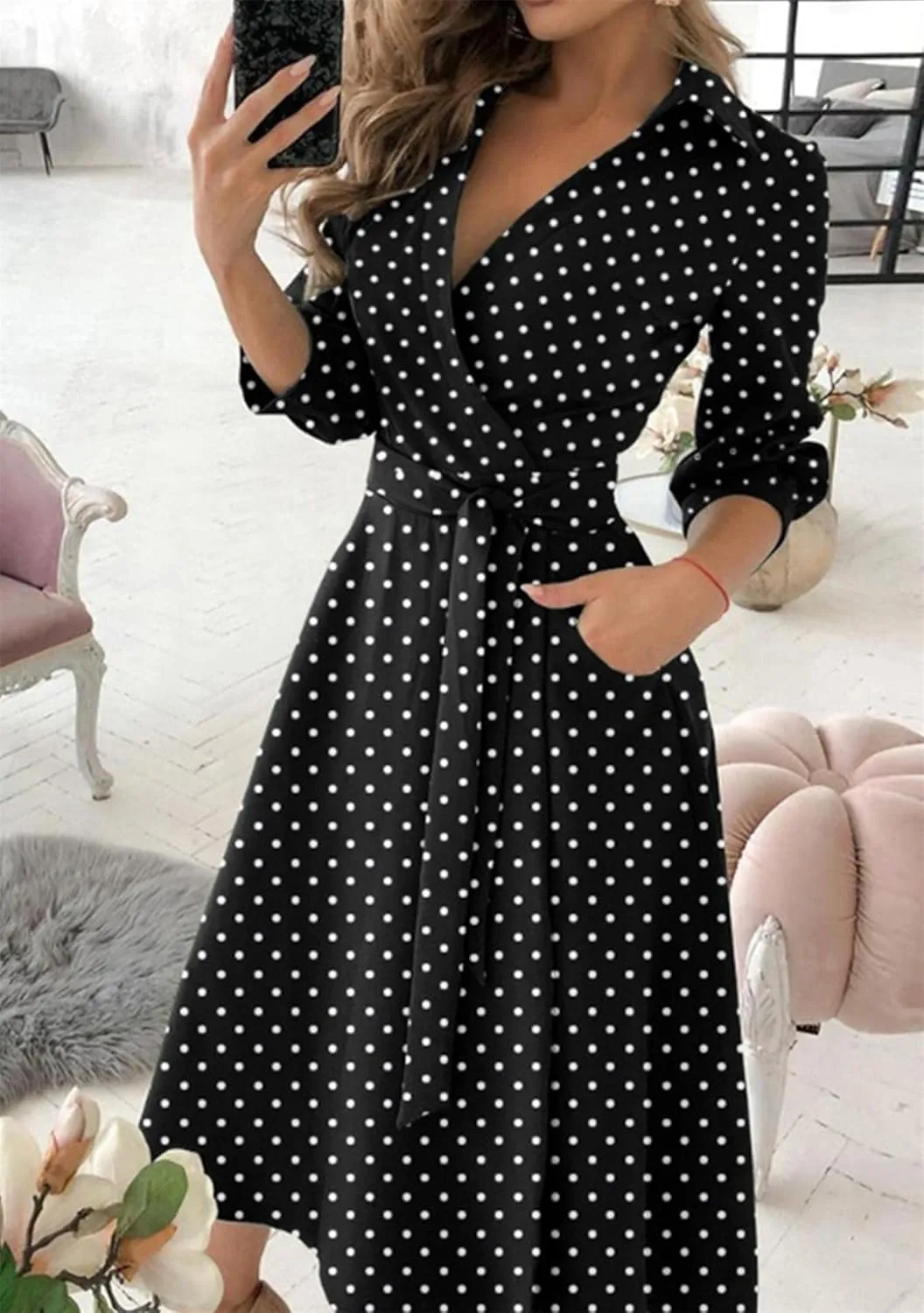 GORIFE Women's Casual Wrap V Neck Long Dress 3/4 Sleeve Floral Print Dress Lapel Flare Fit A-line Tie Belt Dresses