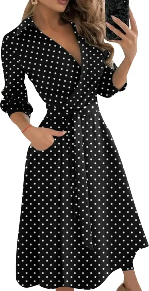 GORIFE Women's Casual Wrap V Neck Long Dress 3/4 Sleeve Floral Print Dress Lapel Flare Fit A-line Tie Belt Dresses