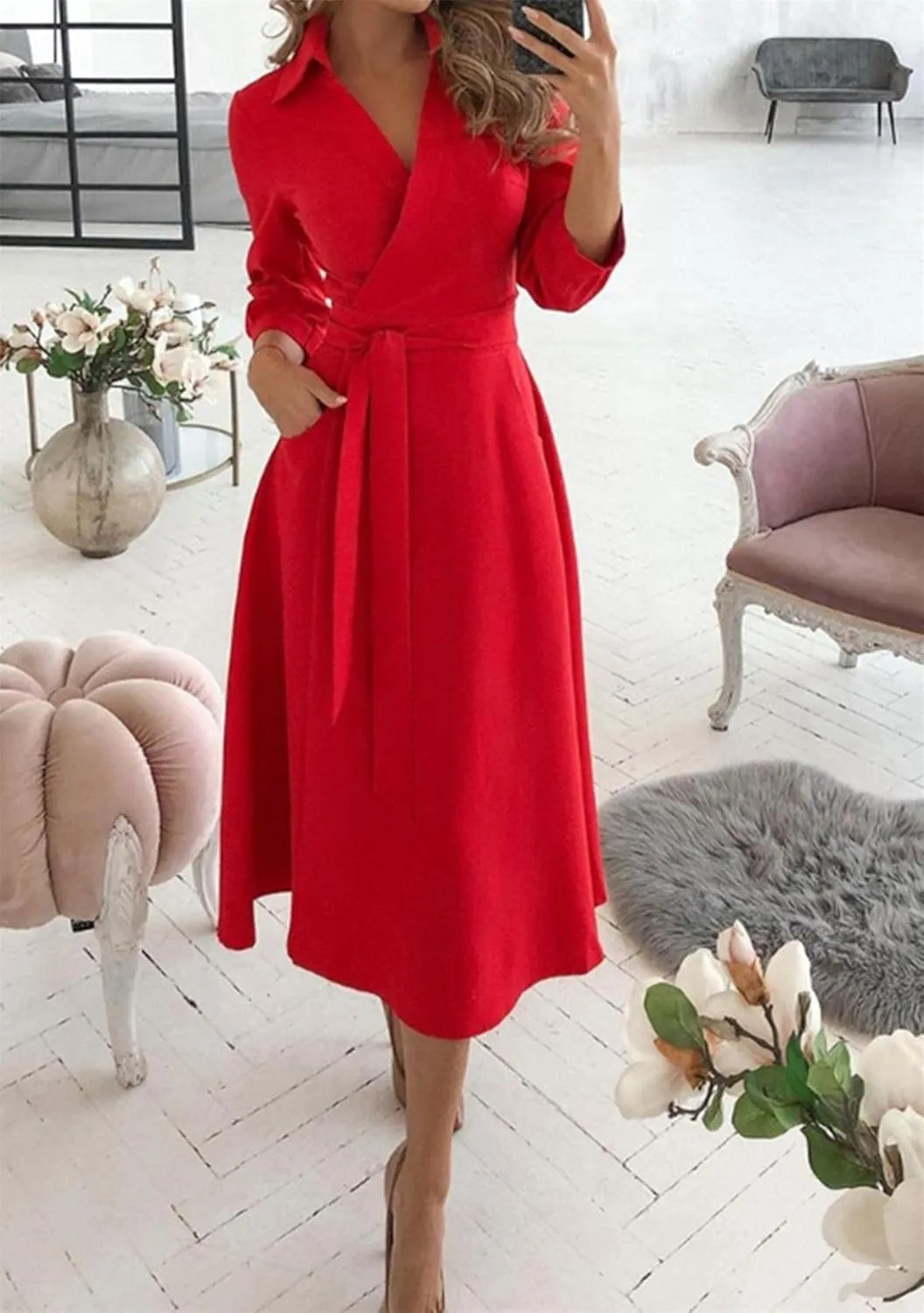 GORIFE Women's Casual Wrap V Neck Long Dress 3/4 Sleeve Floral Print Dress Lapel Flare Fit A-line Tie Belt Dresses