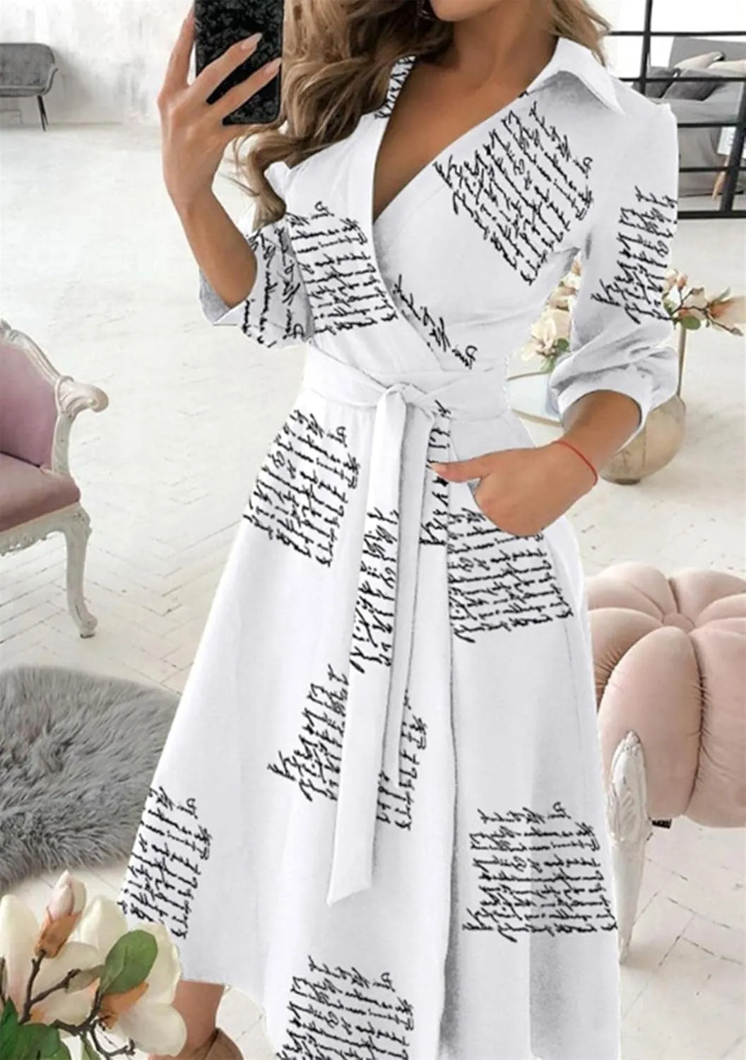 GORIFE Women's Casual Wrap V Neck Long Dress 3/4 Sleeve Floral Print Dress Lapel Flare Fit A-line Tie Belt Dresses