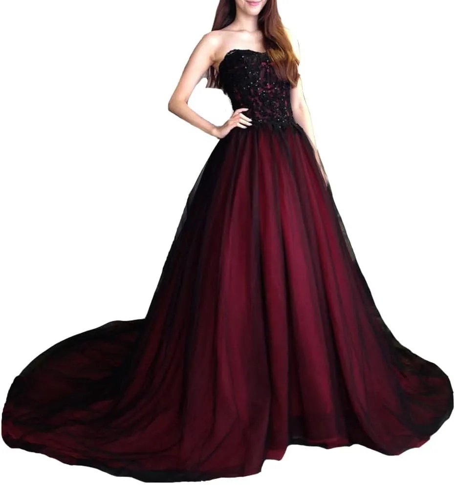 Gothic Beaded Black Lace Long Tulle Ball Gown Wedding Prom Dress with Train Sweetheart