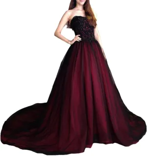 Gothic Beaded Black Lace Long Tulle Ball Gown Wedding Prom Dress with Train Sweetheart