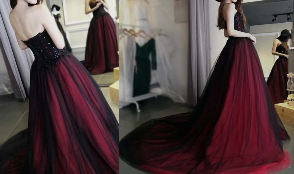 Gothic Beaded Black Lace Long Tulle Ball Gown Wedding Prom Dress with Train Sweetheart