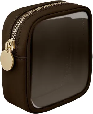 GSHLLO Small Nylon PVC Cosmetic Travel Bag Mini Clear Makeup Bag Waterproof Toiletry Storage Clutch Coin Zipper Pouch Beauty Skincare Bag for Women Girls Coffee