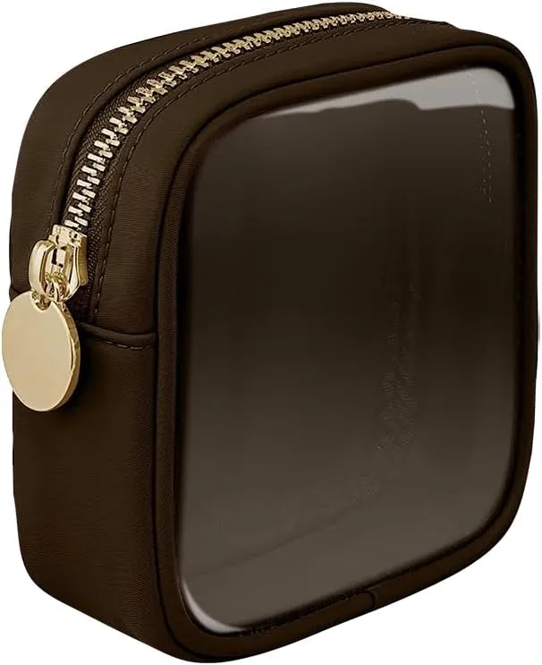 GSHLLO Small Nylon PVC Cosmetic Travel Bag Mini Clear Makeup Bag Waterproof Toiletry Storage Clutch Coin Zipper Pouch Beauty Skincare Bag for Women Girls Coffee